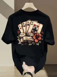 Men's Casual Sports Short Sleeve Shirt, Poker Card a Print, Athletic Letter Print, Comfortable Round Neck T-Shirt for Outdoor Gym Streetwear