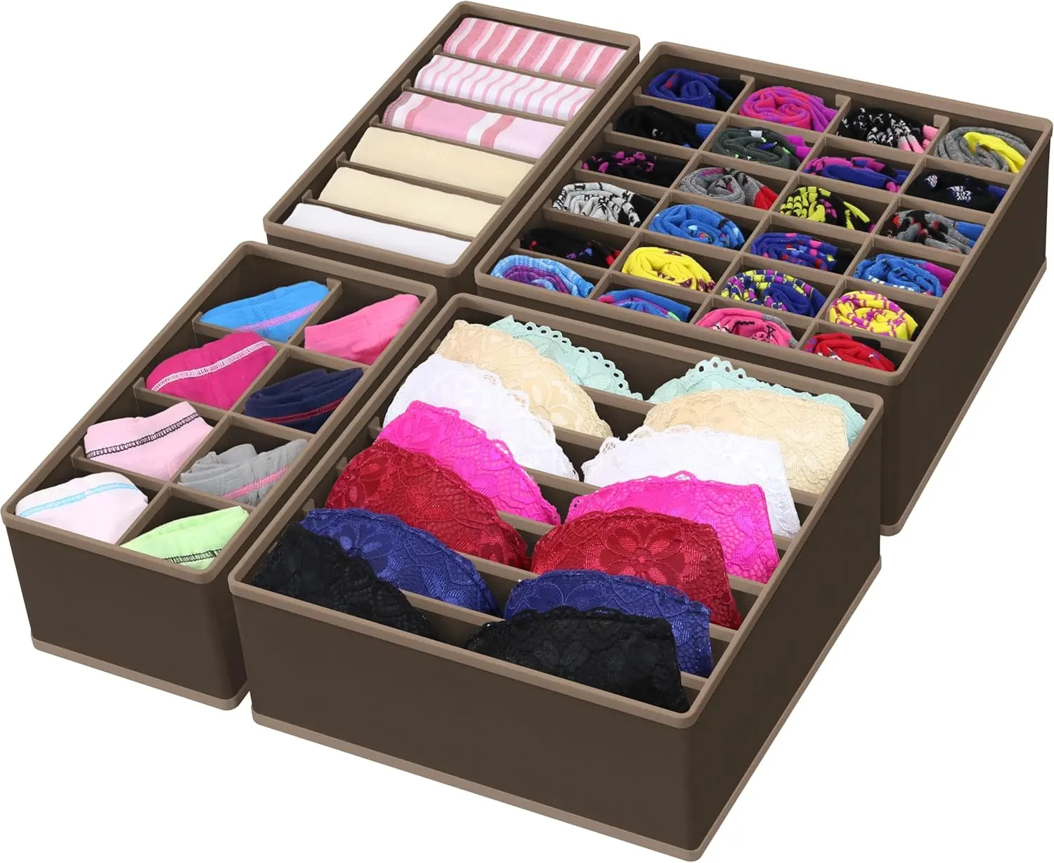 Simple Houseware 4 Pack Drawer Organizer Set – Foldable Closet Dividers for Underwear, Socks, Bras, Scarves & Ties Storage (Brown)
