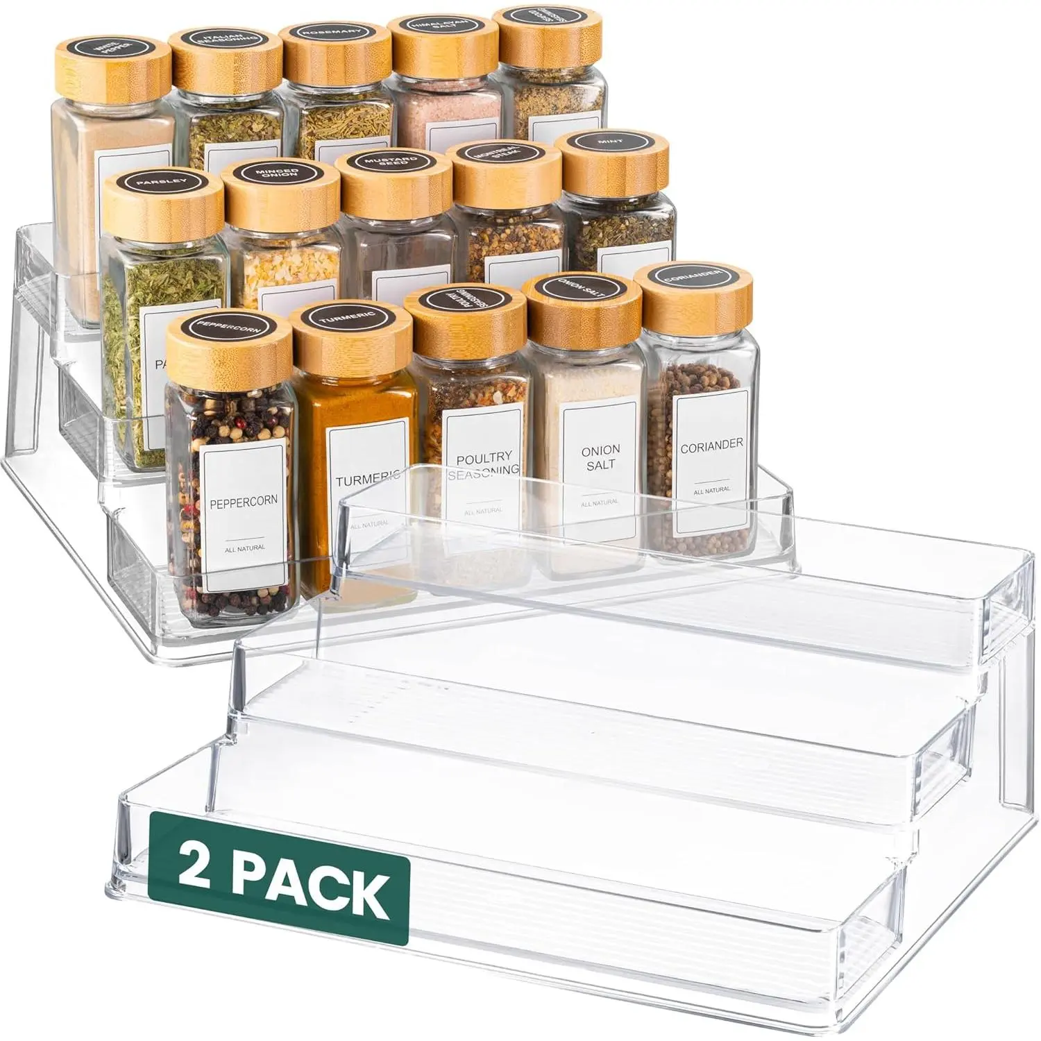 Transparent Spice Rack (2-Pack) - 3-Tier Acrylic Storage Rack for Cabinets - Deep Spice Rack - Dimensions 10.4 x 9.6 x 4inch - Can Accommodate Spices and Condiments