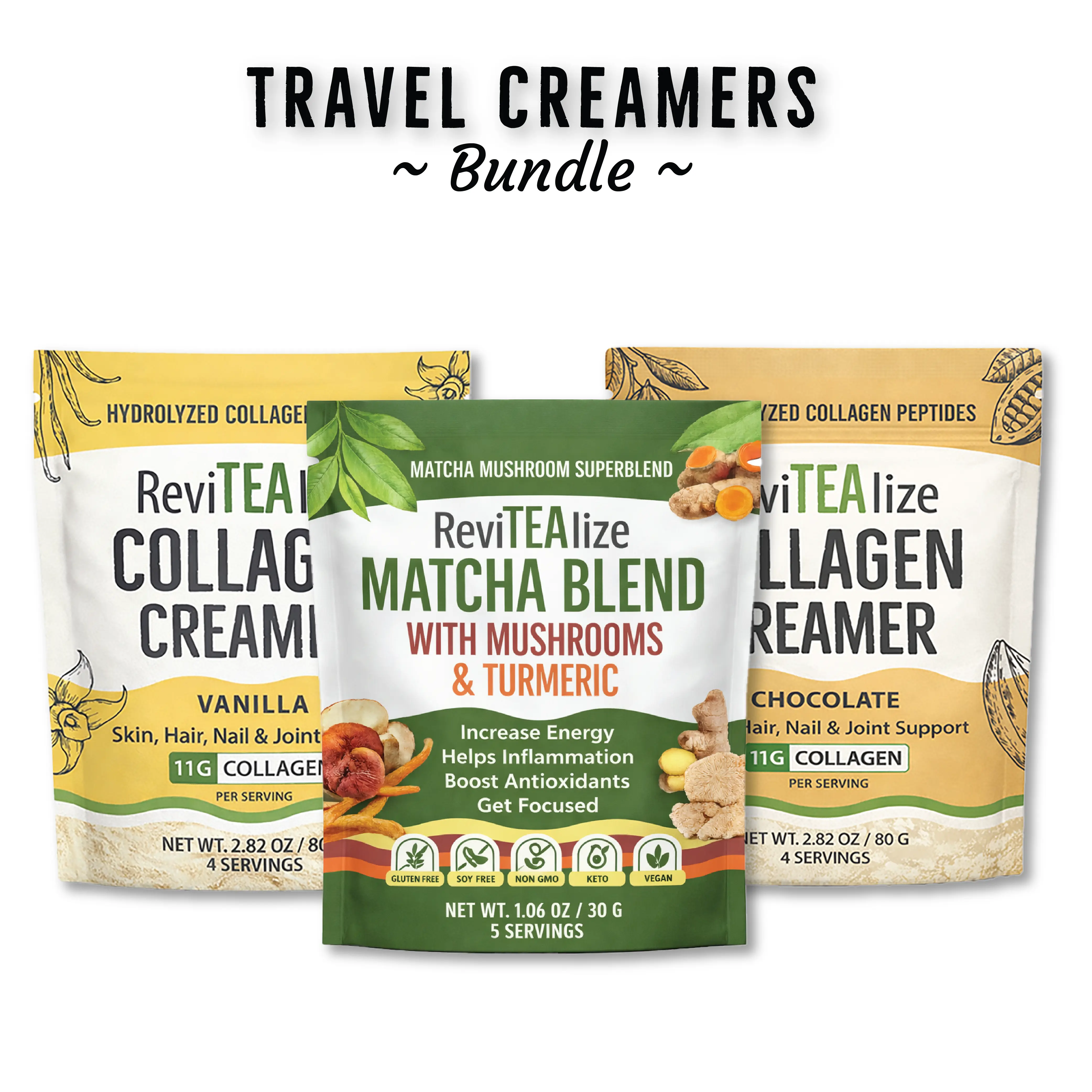 ReviTEAlize Travel Sizes Bundle - Matcha & Collagen Creamers Vanilla & Chocolate for Clean Energy & Beauty Support on-the-go - Beverage, Colagen