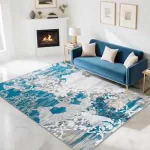 Blue 9x12 Large  Abstract Faux Cashmere Print Rug with Non-Slip Backing, Machine Washable, Low Pile Rug for Living Room, Bedroom, Dining Room, 4x6, 5x7, 6x9, 8x10, 9x12 Feet