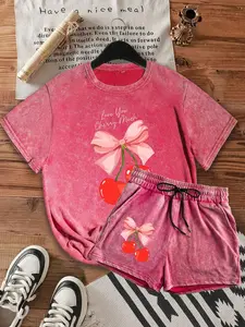 Two-Piece Set Women's Cherry Print Tee & Shorts Set, Casual Short Sleeve T-shirt & Shorts, Ladies Summer Clothes, Womenswear