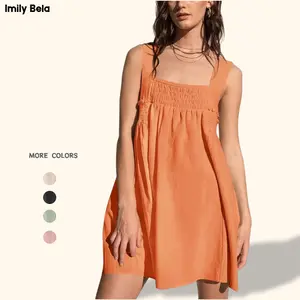 Imily Bela Women 's Summer Casual Sleeveless Mini Dress Square Neck Smocked Swing Loose Babydoll Dress