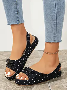 Polka Dot Bow Backstrap Rubber Thick Sole Wedge Sandals for Women, Sweet Style Heeled Shoes, Casual Open-Toe Daily Wear, Backstrap Sandals
