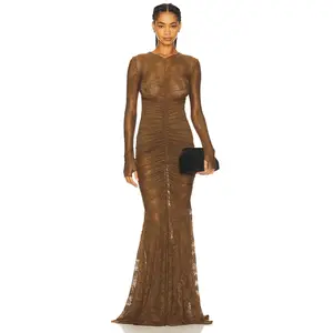 Norma Kamali Long Sleeve V Neck Shirred Front Fishtail Gown in Bark