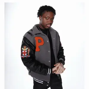 The Natives Grey Letterman Jacket with Red Letter P and Crest Patch for Men