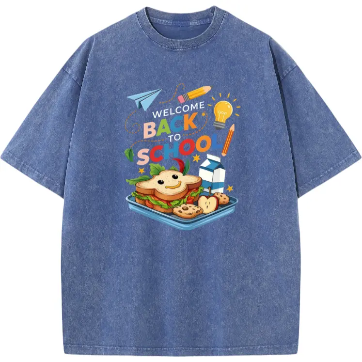 Men's Welcome Back to School Graphic T-Shirt - Soft Cotton Round Neck Shortsleeve, Fun School Lunch & Cafeteria Food Print (Lunchboxes, Apples, Books) - Unisex Casual Tee for Cafeteria Workers
