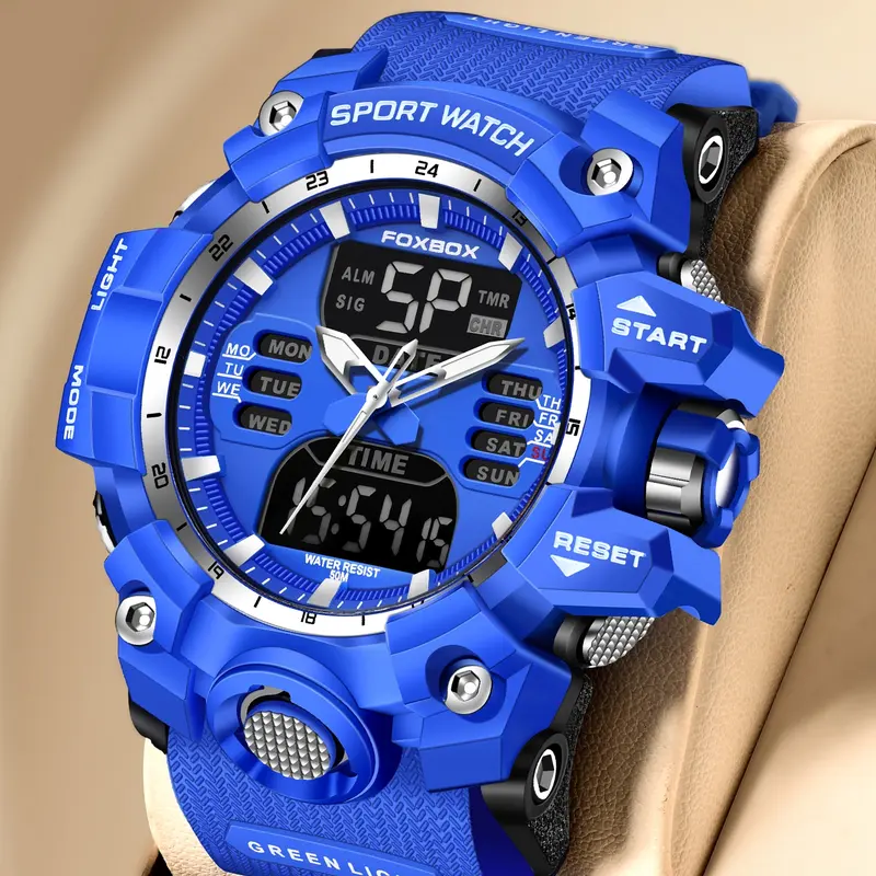 Foxbox Outdoor Sports Shockproof Watch, Men's Multifunctional Waterproof Luminous Quartz‑Analog‑Digital Wristwatch, Resin Case, Round Dial, Sporty Wristwatch