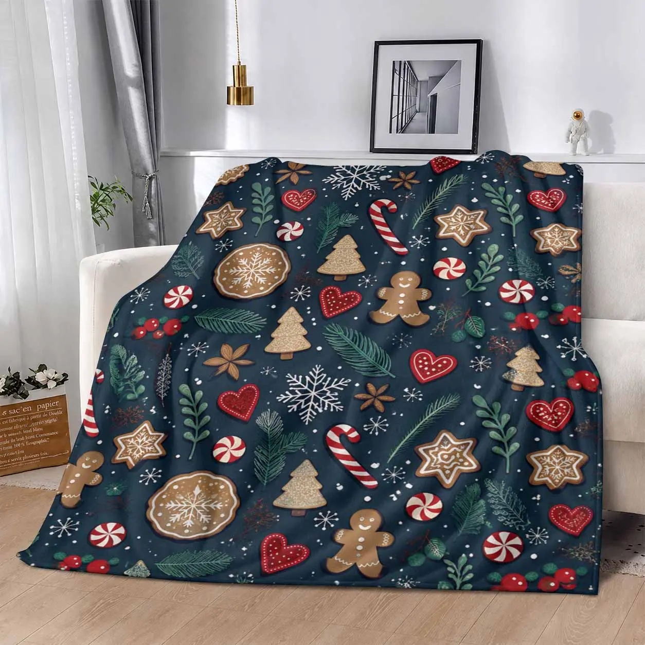Christmas Gingerbread Man Flannel Blanket. Candy Cane And Snowflake Pattern. Soft Plush Fleece Throw. Cozy Warm Lightweight. Suitable For Bed Couch Sofa Travel Camping. Perfect Gift For Holidays.