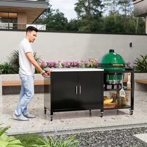 FUFU&GAGA Outdoor Grill Cart with Storage Cabinet Metal Kitchen Island Prep Table with Movable Universal Wheels and Stainless Steel Top for Outside BBQ Backyard Include Hooks Spice Rack Organiser Smooth Tool Wood