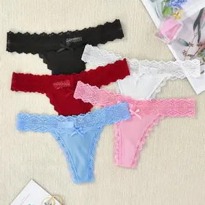 Sexy Low Rise Thong Panties for Women, Polyamide and Elastane Blend, Solid Color Lace Thongs with Bow Detail, Comfortable Knit Fabric G-Strings