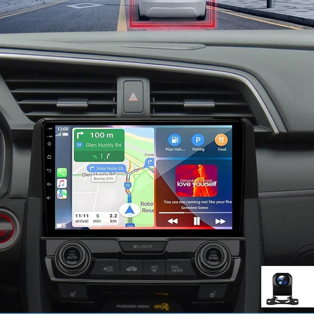 Hizpo 9-in Touchscreen Car Head Unit - Intelligent System with Wireless Sync, Wireless CarPlay, Android Auto, GPS Navigation, Display Screen, In-Car Audio for 2016-2021 Honda Civic Owners, Car Media Player, 9 Inches