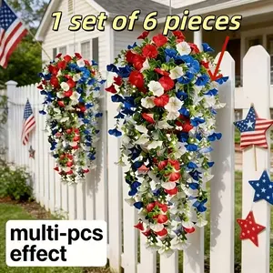 6pcs Artificial Flower Set, Tricolor Patriotic Hanging Flowers, Red, White, Blue Hanging Floral Arrangement, Patriotic Floral Wreath, 4th of July Decorations, Morning Glory Artificial Plants, Artificial Faux Flowers