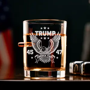 Vintage Trump 45 47 America First Bullet Whiskey Glass, MAGA 11oz Rock Glass Gifts for Men Drinkware