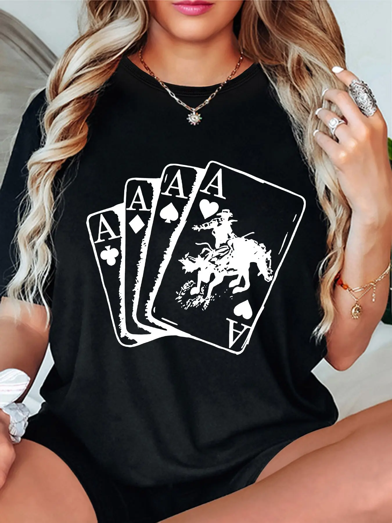 100% Cotton Unisex Black Diamond A Four Cards Poker Print T-shirt Round Neck, All Seasons Short Sleeve Casual Top, Women's Clothing