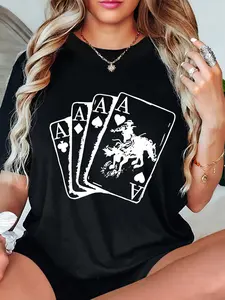 100% Cotton Unisex Black Diamond A Four Cards Poker Print T-shirt Round Neck, All Seasons Short Sleeve Casual Top, Women's Clothing