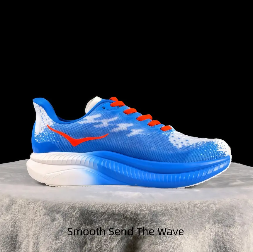 Blue speckled mesh running shoes with red logo and two-tone cushioned sole, supportive fit for marathon and trail jog vlogs