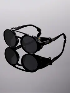 Men's Fashion Full Frame Round Glasses, Unique Dual Bridge Design with Leather Buckle Decoration, Multiple Color Lenses Available