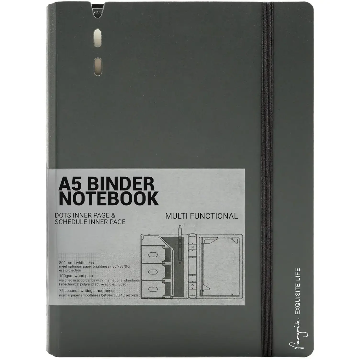 A5 Binder 6 Ring Notebook with Dividers Refillable Planner Binder with Pockets, Refill Paper Include Planning Square Ruled and Dotted Pages, 6.89 x 9.25 in, (Grey, A5 Daily&Dot Page)