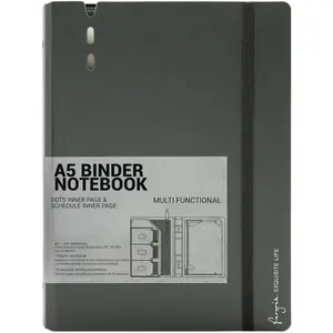 A5 Binder 6 Ring Notebook with Dividers Refillable Planner Binder with Pockets, Refill Paper Include Planning Square Ruled and Dotted Pages, 6.89 x 9.25 in, (Grey, A5 Daily&Dot Page)