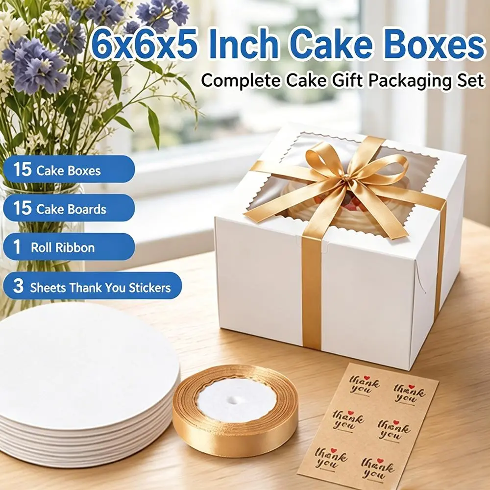 15-Piece Small Size Square Bakeware Boxes with Window View (6x6x5 in) - Sturdy Cardboard Containers, Round Boards, Gold Ribbons, Printed Thank You Stickers, Lightweight Utensils - Easy-Assemble for Birthday Party Gift Packaging