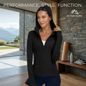 Women's Hooded Athletic Full Zip Lightweight Workout Jacket with Pockets and Thumb Holes - Breathable Stretchy Comfortable Running Gym Yoga Sports Outdoor Activewear Windbreaker Casual Fashion Style
