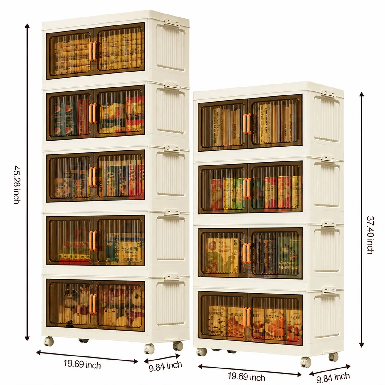 9.84/19.69/45.28In Foldable Stackable Storage Cabinet 3/4/5‑Tier Dustproof Plastic Storage Bins with Wheels Space Saving Closet Organizer for Office Apartment Living Room