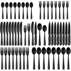 48-Piece Matte Black Silverware Set with Steak Knives, Black Flatware Set for 8, Tableware Cutlery Set, Utensil Sets for Kitchen Black flatware set Premium silverware Durable kitchen utensils Family dinner silverware Stylish kitchenware steak knives 1.1