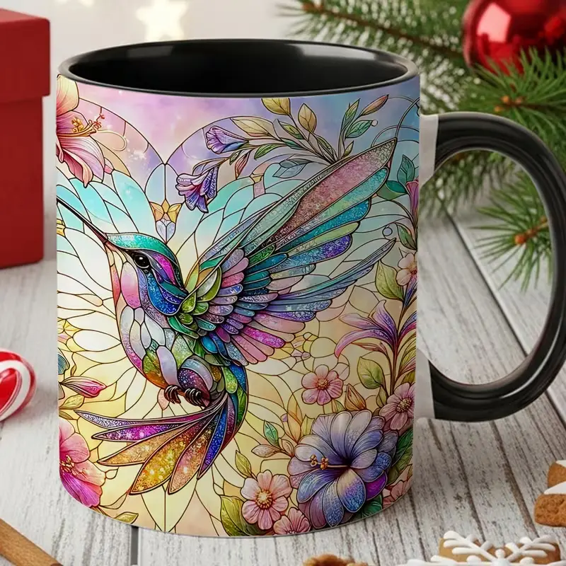11oz Stained Glass Style Hummingbird Floral Ceramic Coffee Mug - Bohemian Design, Colorful Ceramic Piece, Nature-Themed Drinkware, Pink Handle Cup, Gift for Bird Lovers, Drink, Bohemian Mugs