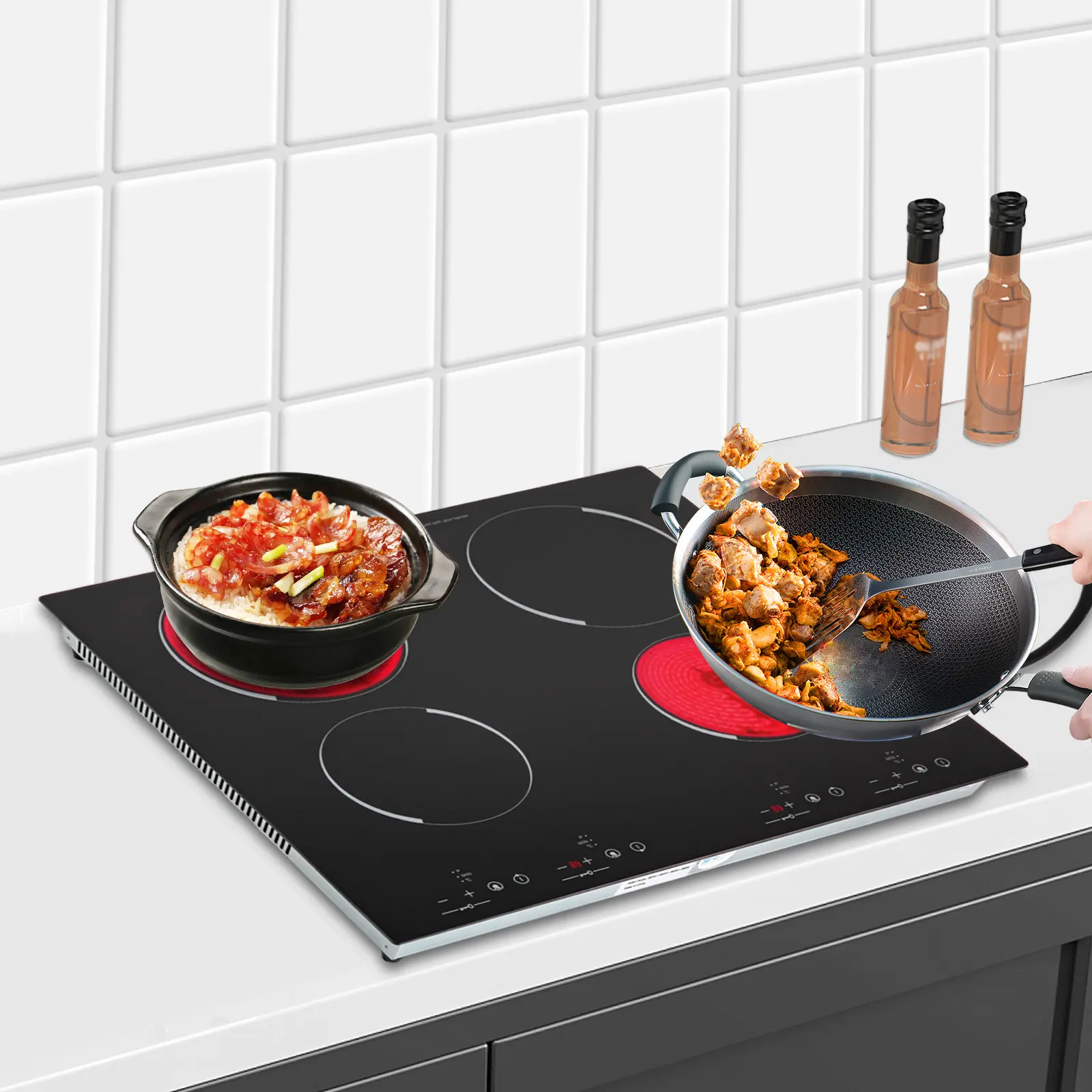 Modern 4-Burner Electronic Ceramic Cooktop (110V, 3000W) - Built-in/Drop-in Countertop Stove with Touch Control, 9 Heating Levels, Kid Safety Lock, LED Display, Nonslip Design, User Manual Included (No Plug) - Ideal for Hotels, Cabins
