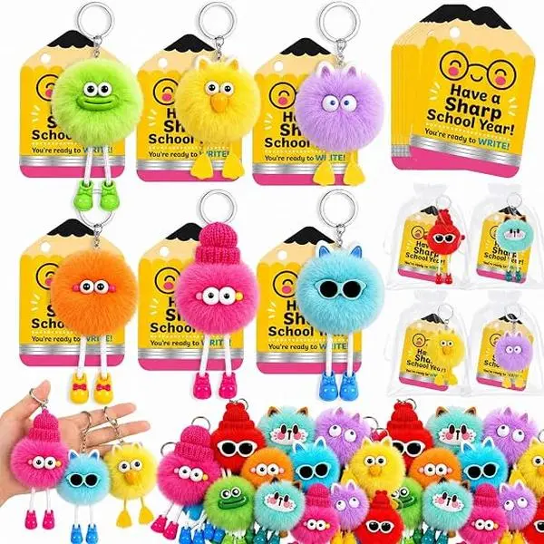 24 Sets Back to School Gifts for Students & Teachers 8 Color Plush Keychain with Pencil Themed Cards & Gift Bags First Day of School Classroom Exchange Favors Student Welcome Gifts Birthday Party Favors for Boys & Girls
