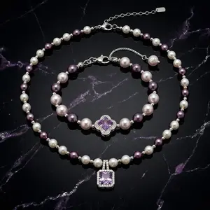 VAELUME Original Real Freshwater Pearl Purple Zircon Necklace & Bracelet, 5A VVS Amethyst Color Stone, Perfect for Daily Wear, Anniversaries,Birthday Gift for Women and Girls #B18841