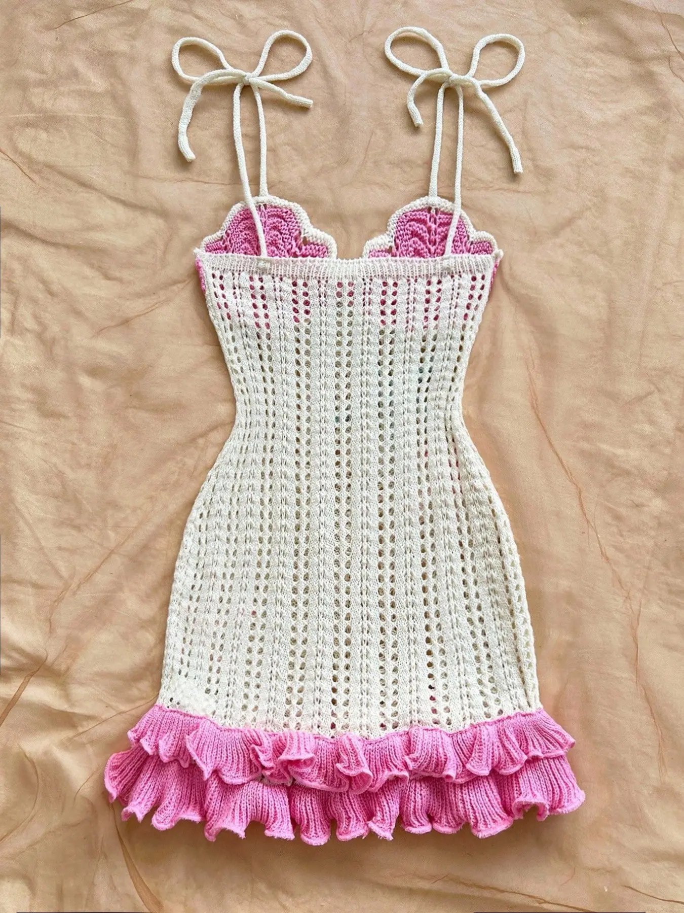 Summer Beach Crochet Dress For Women, Hollow Out Knitted Mini Dress With  Starfish Embroidery, Pink Ruffle
