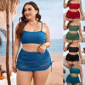 Plus Size Womens Swim Skirt High Waisted Bikini Sets Tummy Control Swimsuits Mesh Sarong Wraps Bathing Suits