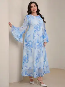 Women's Elegant Round Neck Flare Sleeve Dress, Long Loose Fit Casual Fashion, Ditsy Floral Pattern, Polyester Fiber Material