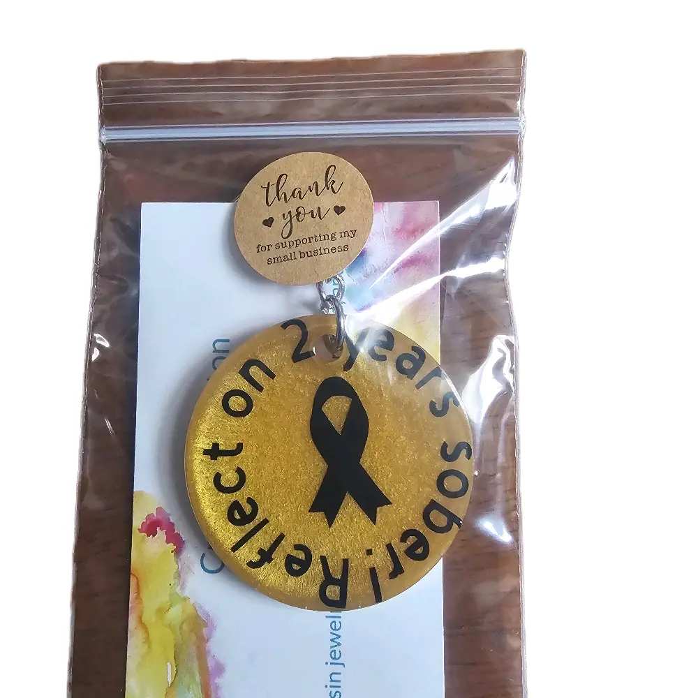 Two Year Sobriety Keychain - Reflect on 2 Years Sobriety with Black Ribbon Design - Thank You for Supporting My Small Business