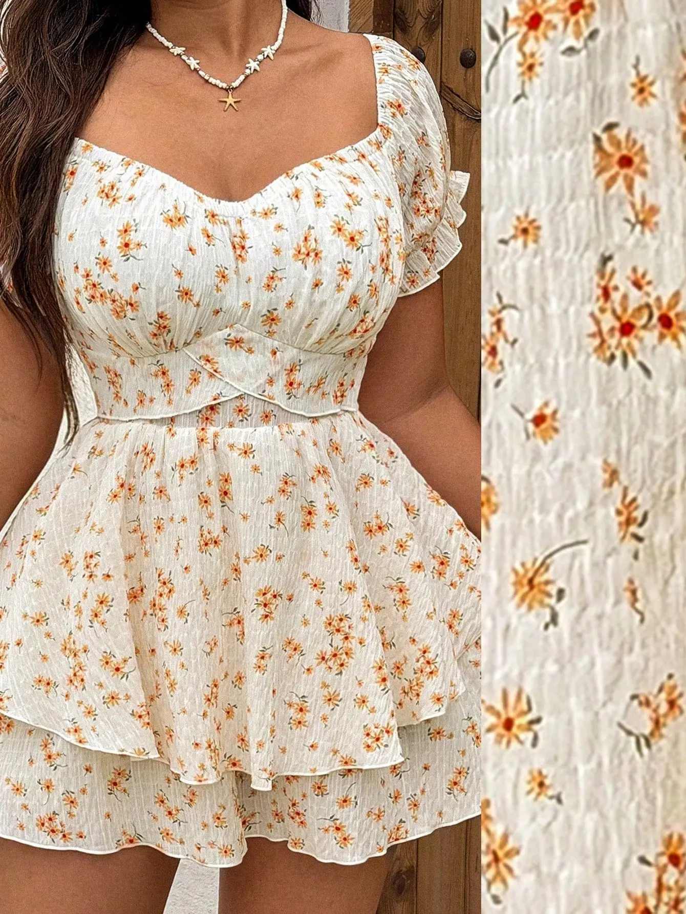 VYNCE Plus Size Women Casual Vacation Ditsy Floral Romper With Layered Hem Loose Fit Playsuit Flowy Lightweight Cute Summer Jumpsuit