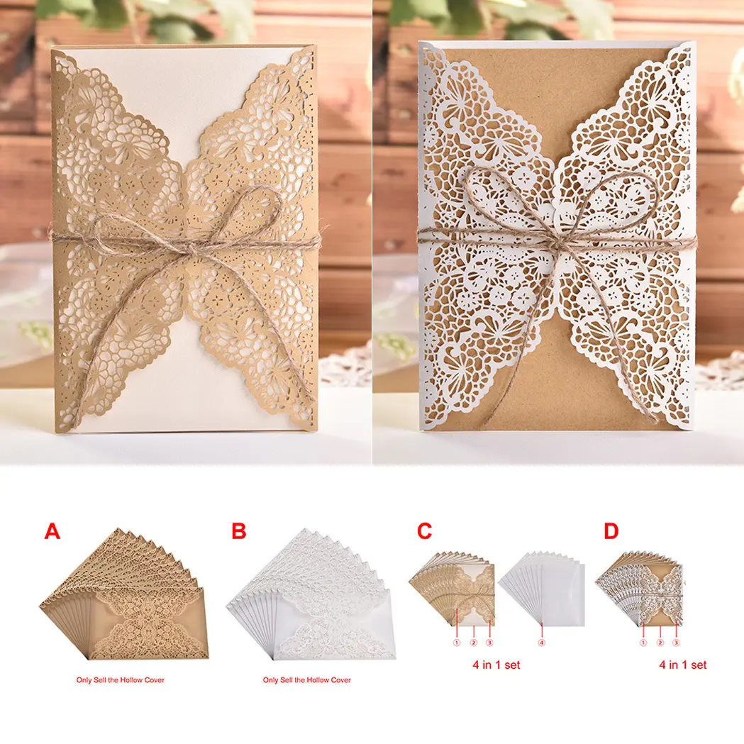 20pcs Laser-Cut Kraft Paper Invitation Cards with Gold Foil Lace Design & Jute String, Wedding Invitations & Holiday Greeting Cards, In-Stock Festive Party Supplies