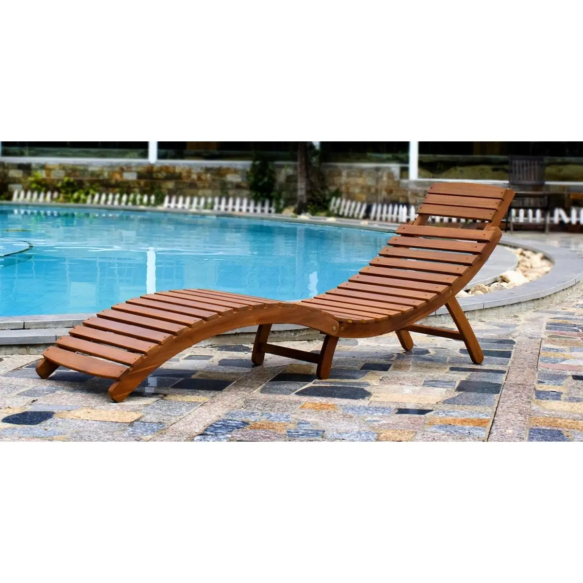 212 MAIN Curved Fold-In-Half Acacia Wood Chaise Lounger - Commercial Outdoor Sunbathing Chaise Lounge, Tanning Pool Lounger
