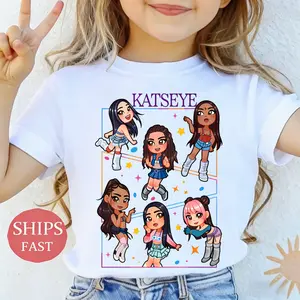 KATSEYE Girl Group On Photo Frame Print T-Shirt, American Street Y2K Hip-Hop Style Shirt for Boys and Girls, Cute Cartoon Outfit for Kpop Fans, Versatile Casual Outdoor Children's Clothing, Durable, Soft And Comfortable, Teen's Cloth
