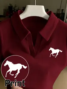 Women's Polo Shirt, Short Sleeve, Slim Fit, Horse Print, Elastic Fabric, Collar Design, Casual Wear, Fashionable Women's Clothing