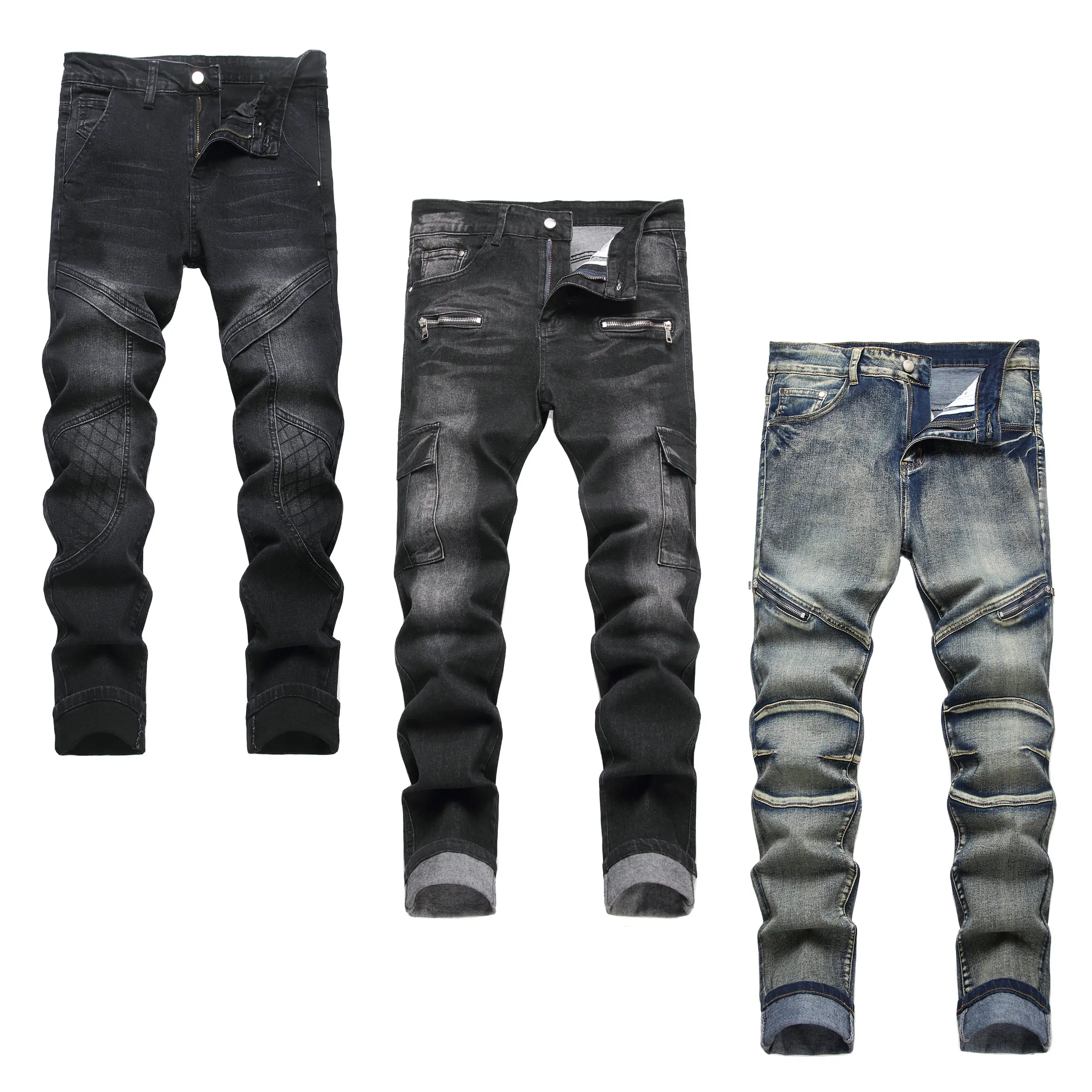 JUNBAOSS Men's Multi Pack Biker Zipper Deco Jeans, Mens Slim Fit Stretch Jeans Ripped Skinny Jeans for Men, Casual Fashion Straight Leg Comfort Flex Waist Cargo Denim Pants, Menswear Trouser Streetwear Jean