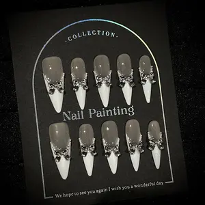 AURÉA Nude White French Bow Press On Nails| Handmade Pearl & Silver Bow Nail Art| Coquette Luxury Nails