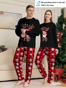 Couple Christmas long-sleeved trousers loungewear pajamas pajamas set, Christmas elk and classic plaid combination print elements, crew neck design, Christmas set, men's or women's, single set
