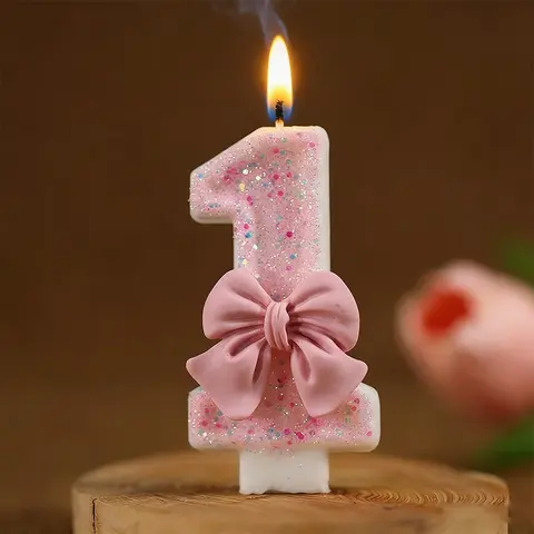 1pc Pink Glittery Number Candle with a Bow - Cake Topper Suitable for Cake Decorating, Parties, Anniversaries, Weddings, First Birthday Decorations, Made of Soft Wax, Perfect for Creating a Festive Atmosphere, Birthday Candles