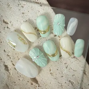 10pcs Handmade Short Oval Press-On Nails, Mint Green & Cream White Marble with 3D Floral, Gold Foil Lines, Rhinestone Accents, Glitter Rhinestones, Luxury Style, Glossy Finish, Comfortable Fit, Easy To Apply & Remove, Reusable, Perfect for Spring & Summer