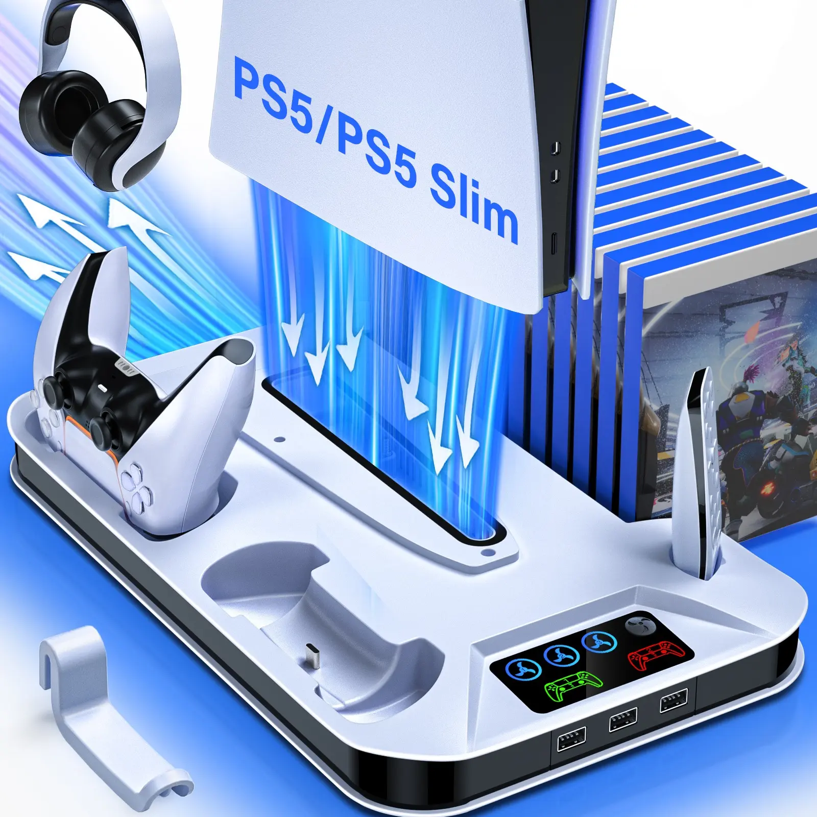 PS5 Cooling Stand for Standard/Slim/Pro with Dual Controller Charging Station,Strong 3level Cooling Fan for PS5 Accessory