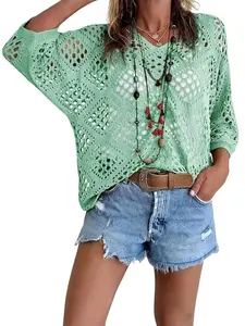 Womens Crochet Cover Up Tops Summer Short Sleeve Hollow Out Sweater Shirts Boho Beach Swimsuit Coverups