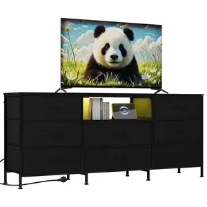 Garvee 63" Wide LED TV Stand Dresser with 8 Fabric Drawers, Steel Frame, LED Lighting, Storage for 65" to 75" TVs, Bedroom and Living Room Organizer, Black