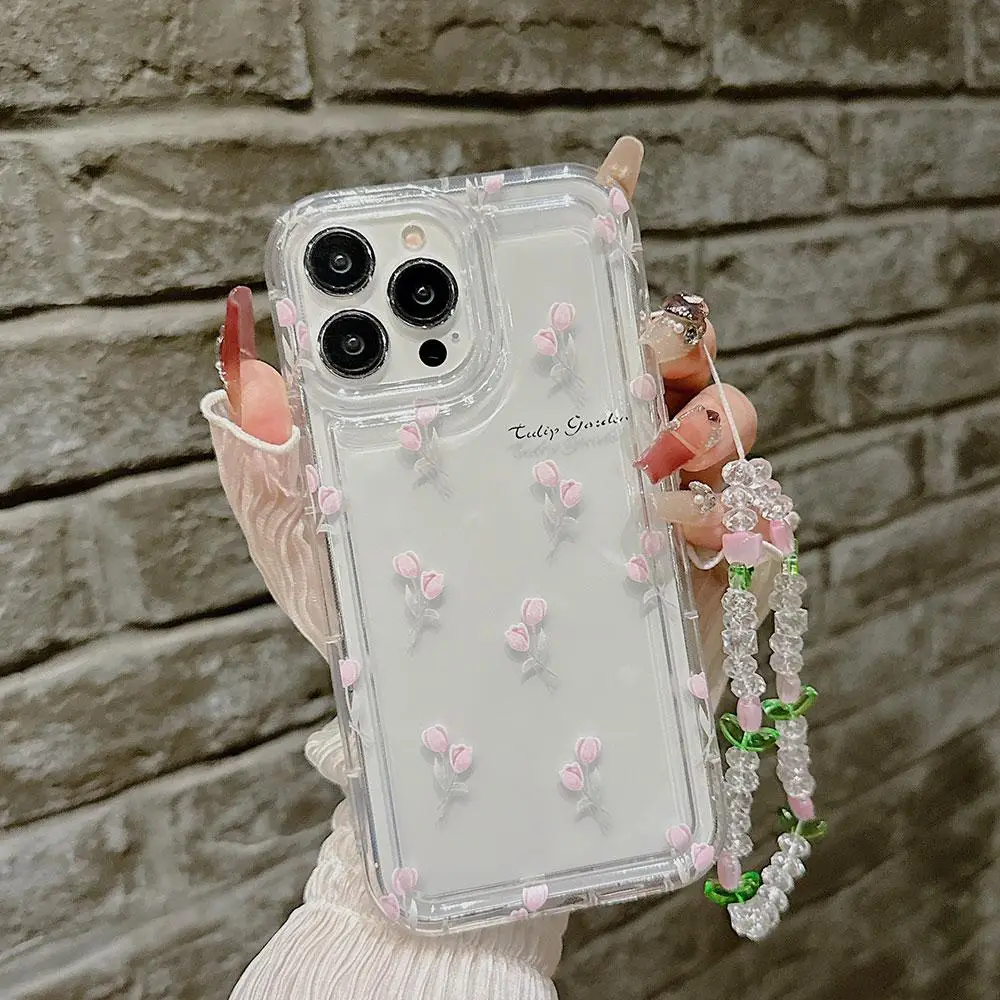 Tulip & Letter Pattern Phone Case with Lanyard, 1 Count Anti-fall Fully Edged Mobile Phone Cases, Decorative Phone Protector Cover for iPhone 15 Pro M